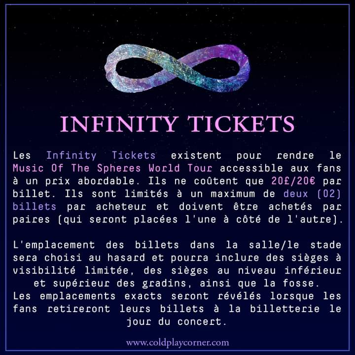 📢 RAPPEL
Qu'est-ce que c'est qu'un ♾ #InifinityTicket.
#MOTSWTour #MusicOfTheSpheresWorldTour 
♾️ euinfinity.coldplay.com