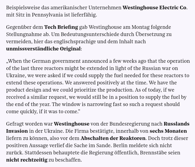 Noch mal eine Ergänzung zu den #AKWFiles: Das Magazin @ThePioneerDe zitiert in einem Artikel vom 21.04.2022 das Unternehmen Westinghouse, welches nach einer Anfrage der Bundesregierung eine Brennstofflieferung innerhalb von 6 Monaten versprach. 👇 thepioneer.de/originals/tech… #Lanz