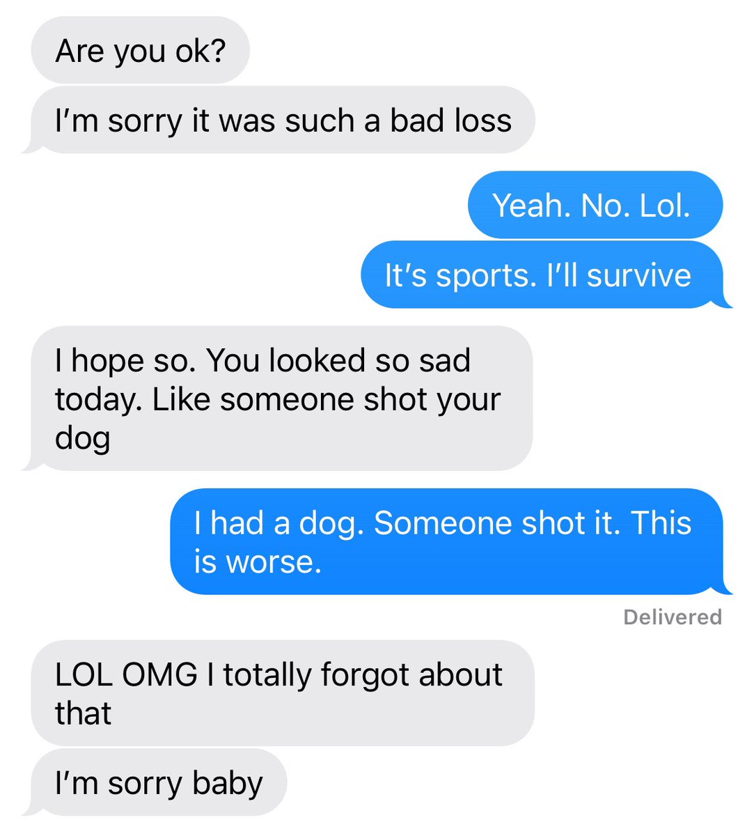 If anyone needs a little levity today, here’s an actual text exchange between me and my wife just now: