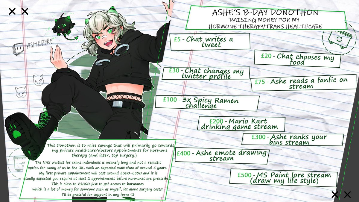BIRTHDAY DONOTHON - THURS 2ND MAY 5PM GMT/12PM EST

Raising savings for my transition healthcare costs, primarily hormones!!

Any support is appreciated, not just financial, I'd love if you just came to hang out with me💚 I'll be streaming for about 8-12 hours!!

Links below ⬇️