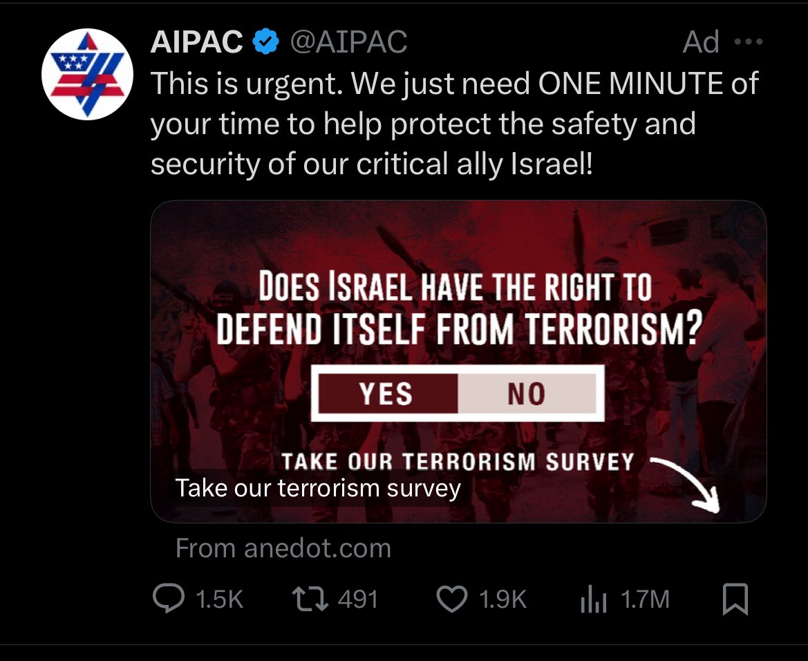 Took the survey, took at least two minutes. Never trust AIPAC!