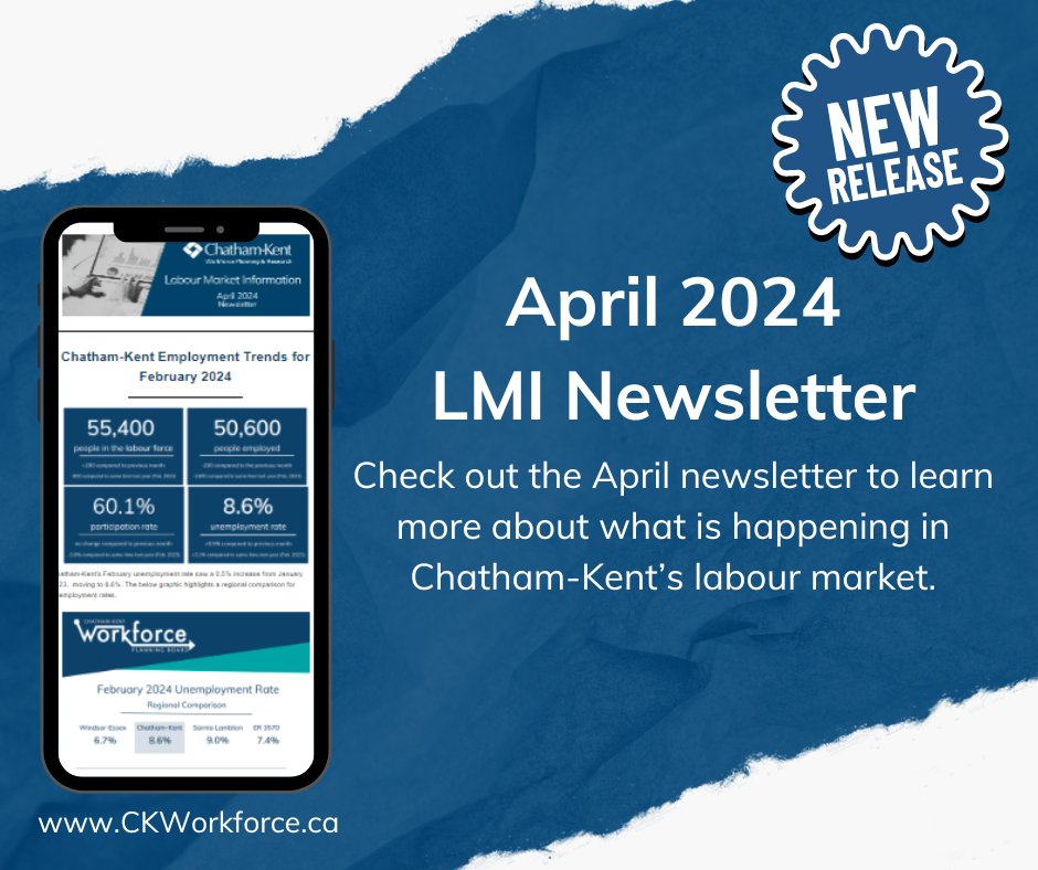 CKWorkforce's tweet image. The April edition of the Chatham-Kent Labour Market Information Newsletter is now available! Learn more about what is happening in our local workforce by visiting: ckworkforce.ca/labourmarketin…
#CKWorkforce #CKont