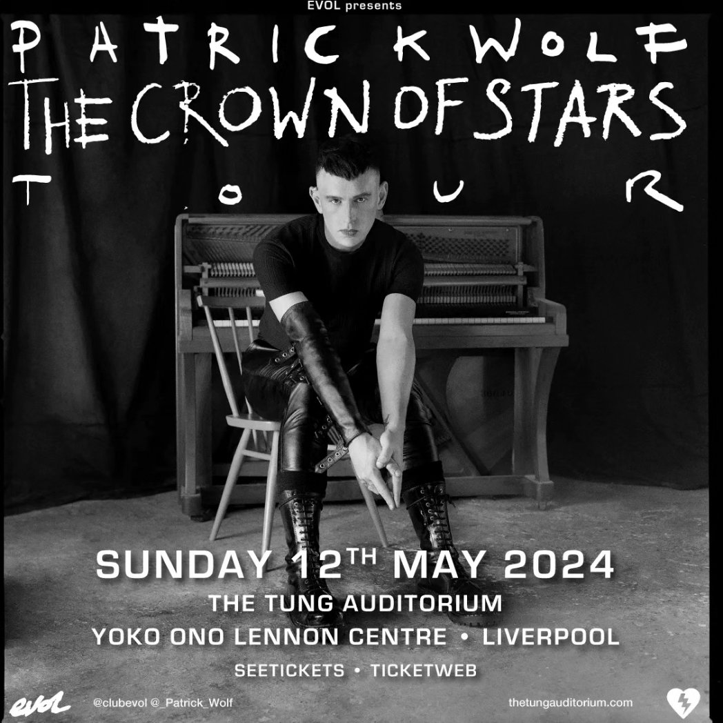 Not only @_PATRICK_WOLF's 𝐎𝐍𝐋𝐘 UK show of 2024 but also the closing date of the Crown Of Stars tour & final live show before album 7! A special 2 hour electroacoustic show at Liverpool's @TungAuditorium, Sunday May 12th. Be there 👇 seetickets.com/event/patrick-… 📸nathalierei9