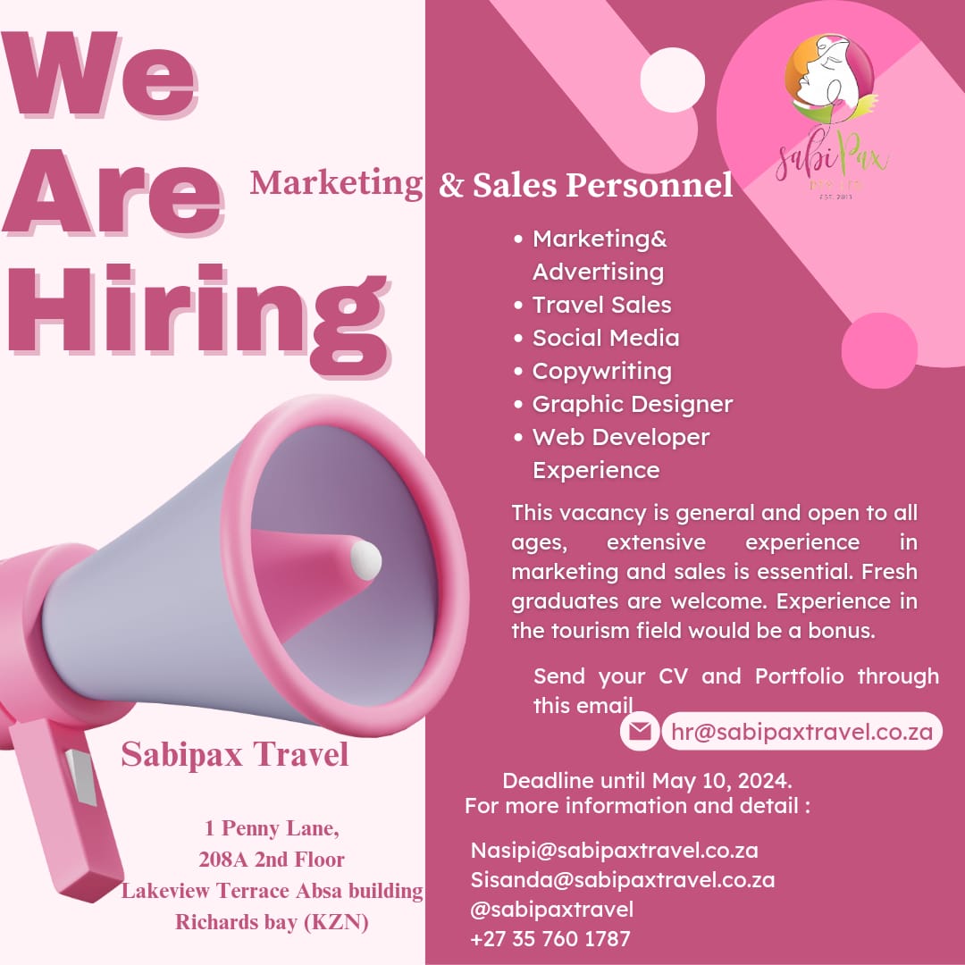 Can you sell? We are looking for you! @sabipaxtravel is thrilled to announce yet another exciting position in our Agency! Are you in KZN or willing to relocate? Drop your CV today! #wizkidanddavido #zuma #MayDay #alostro #orlandopirates #JobSeekersSA #jobsearch #HIRINGNOW