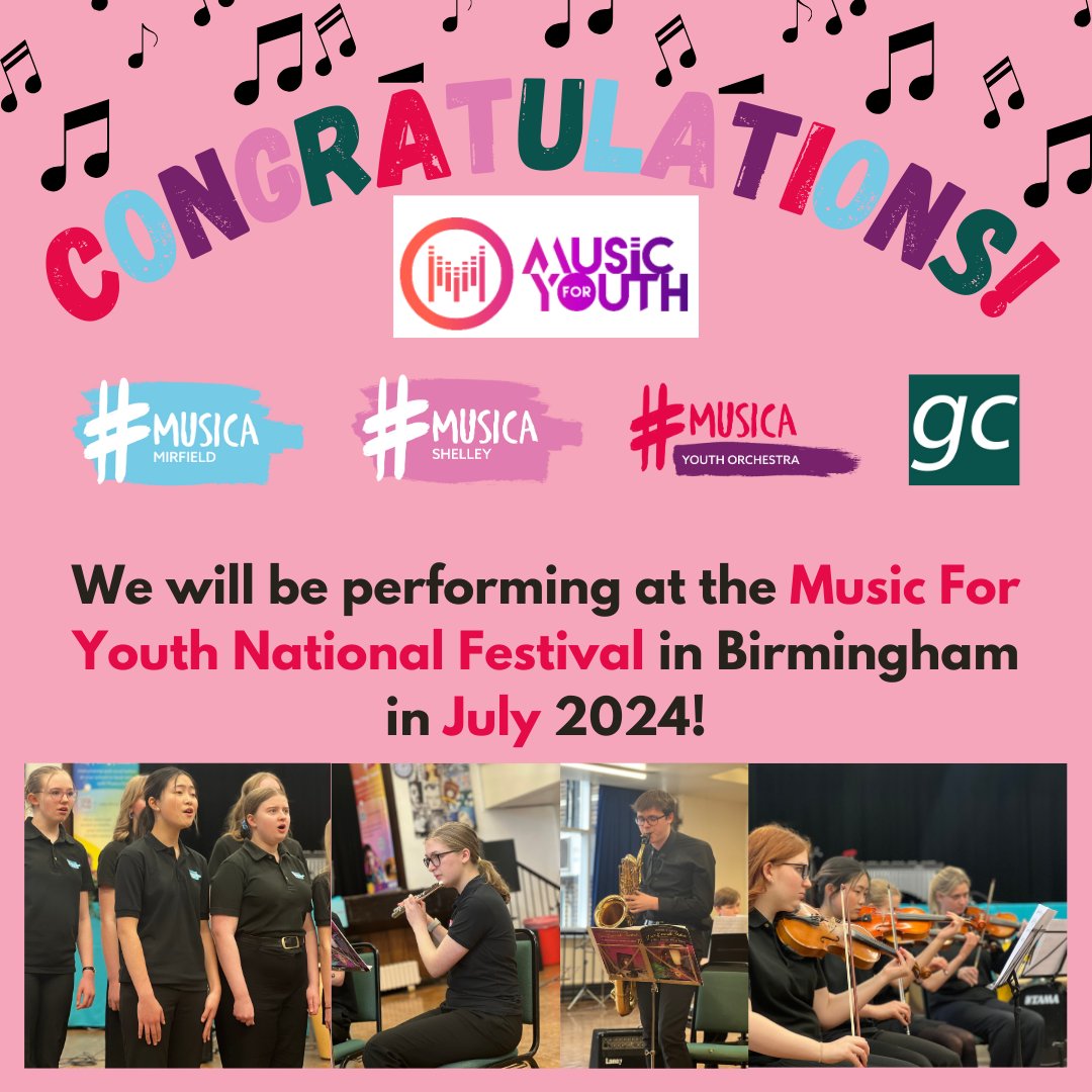 Congratulations to the following groups who will be performing at the @musicforyouth National Festival in Birmingham this July! Musica Shelley Concert Band Musica Youth Orchestra Musica Mirfield Youth Choir Greenhead College Big Band @GreenheadCol @MusicGreenhead