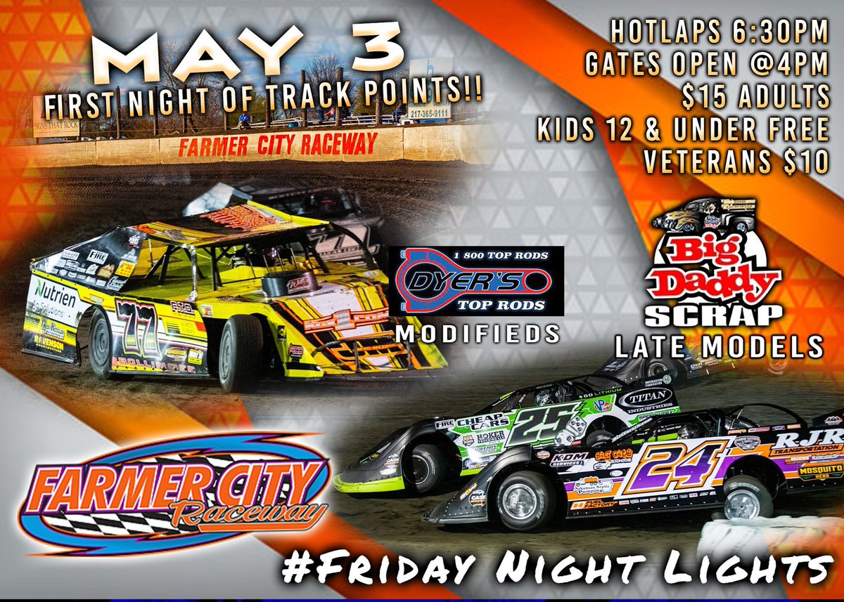 𝙇𝙚𝙩’𝙨 𝙏𝙧𝙮 𝙄𝙩 𝘼𝙜𝙖𝙞𝙣: This Friday night we will try once again to get the 2024 Track Points chase in full swing. Join us as the Big Daddy Scrap Late Models will compete for $1,500 to win. Grab your friends and enjoy some #FridayNightLights!!