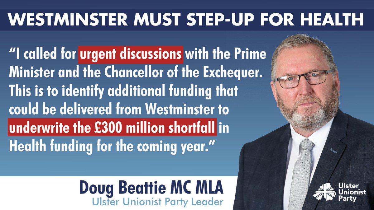 Party Leader @BeattieDoug has called on Westminster to step up and deliver funding for Health following the cuts agreed by SF/DUP/Alliance in the new Executive budget. Read below 👇 uup.org/westminster_mu… #makeNIwork