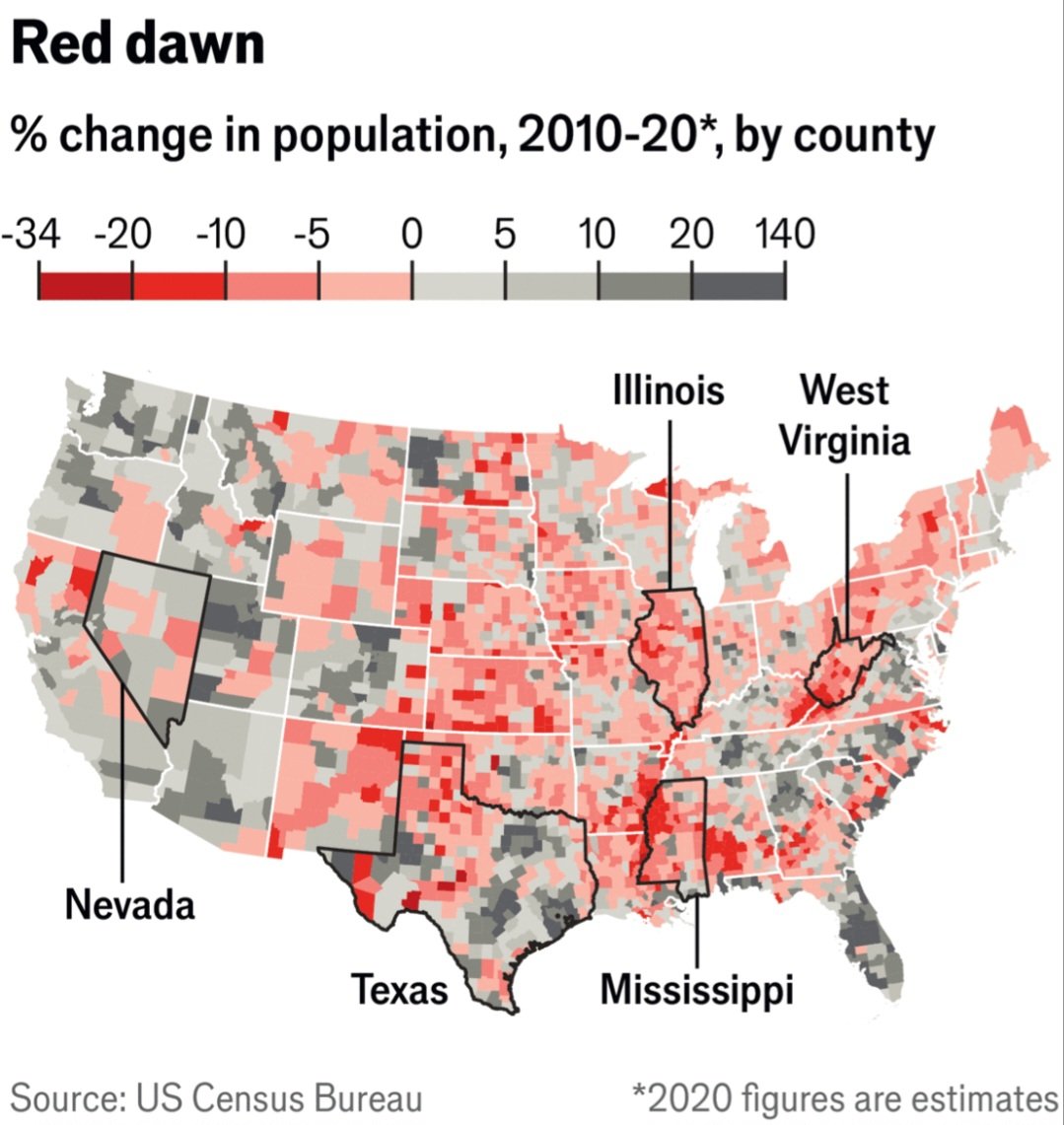 U.S. percent change in population by county from 2010 to 2020 from @TheEconomist