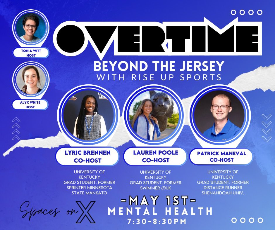 Updated time 7:30-8:30PM
Mental Health is important among athletes. We are excited to have some amazing former college athletes now pursuing grad degrees at UK joining us as co-host for our very first Spaces on May 1st. Tell your friends it's FREE!!! @pat_maneval @lyricsorad…