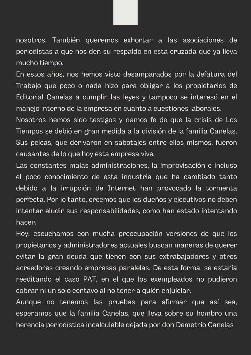 ExLosTiempos's tweet photo. Hoy, en el Día del Trabajo, los extrabajadores del periódico Los Tiempos - Editorial Canelas, exigimos a los propietarios que cumplan con nosotros y nos paguen lo que nos deben por ley. Este 👇es el primer comunicado que sacamos, en noviembre del año pasado. #Cochabamba #Bolivia https://t.co/GOMD7PwjKb