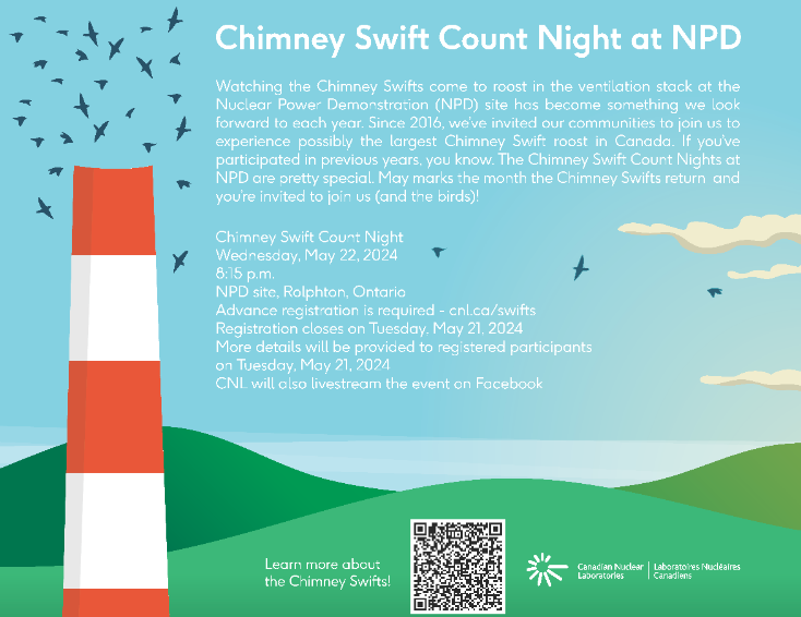 Calling all Swifties in the area📣 CNL is welcoming everyone back to the Nuclear Power Demonstration site for the Chimney Swift Count Night on May 22, 2024. Registration is required, visit ow.ly/892f50Rtwib.