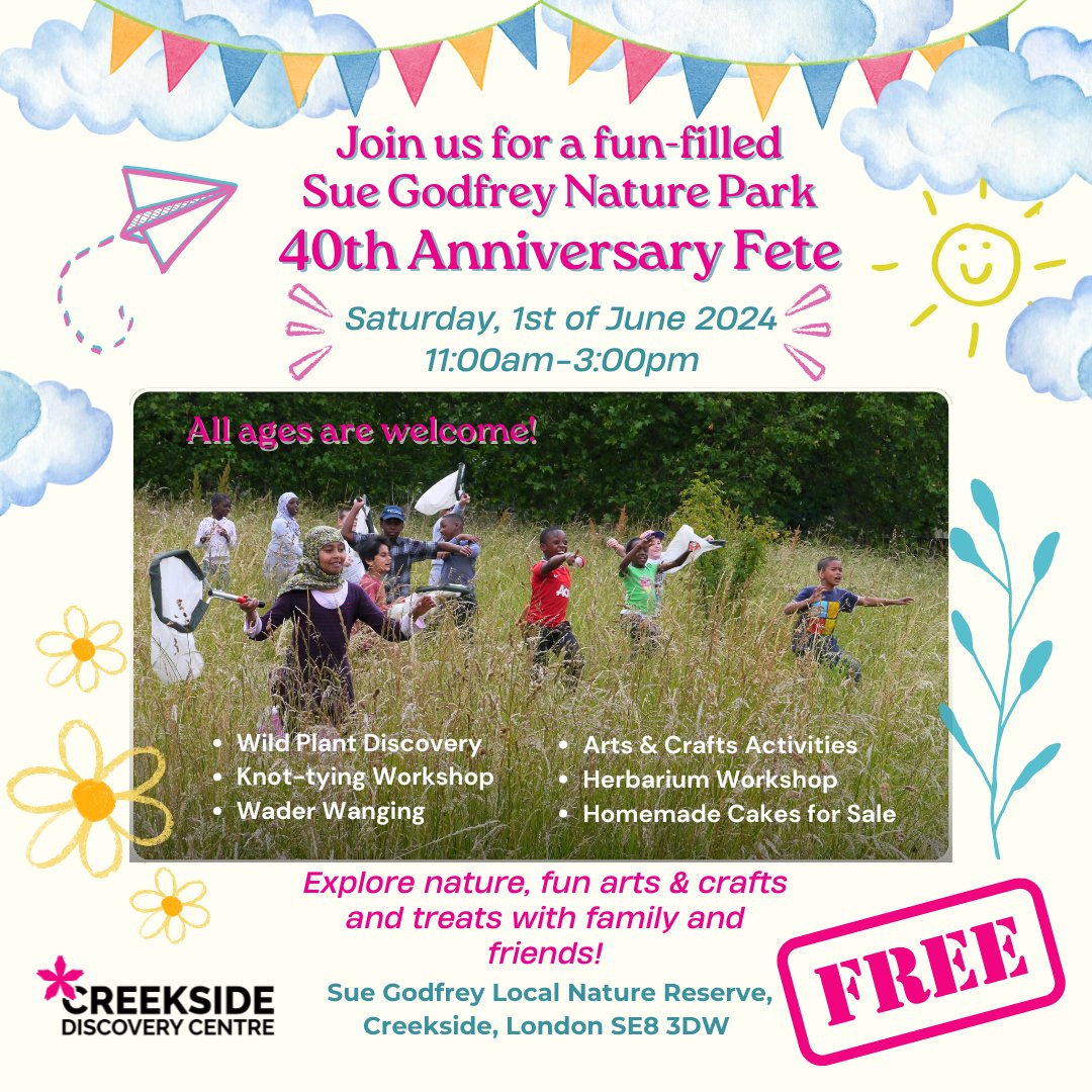 Join us for a fun and discovery! Bring family and friends to enjoy a day in nature and celebrate 40 years of the fabulous Sue Godfrey Nature Park This free event is packed with activities for everyone! creeksidecentre.org.uk/events/sue-god… #communityfete #deptford #lewisham #greenwich