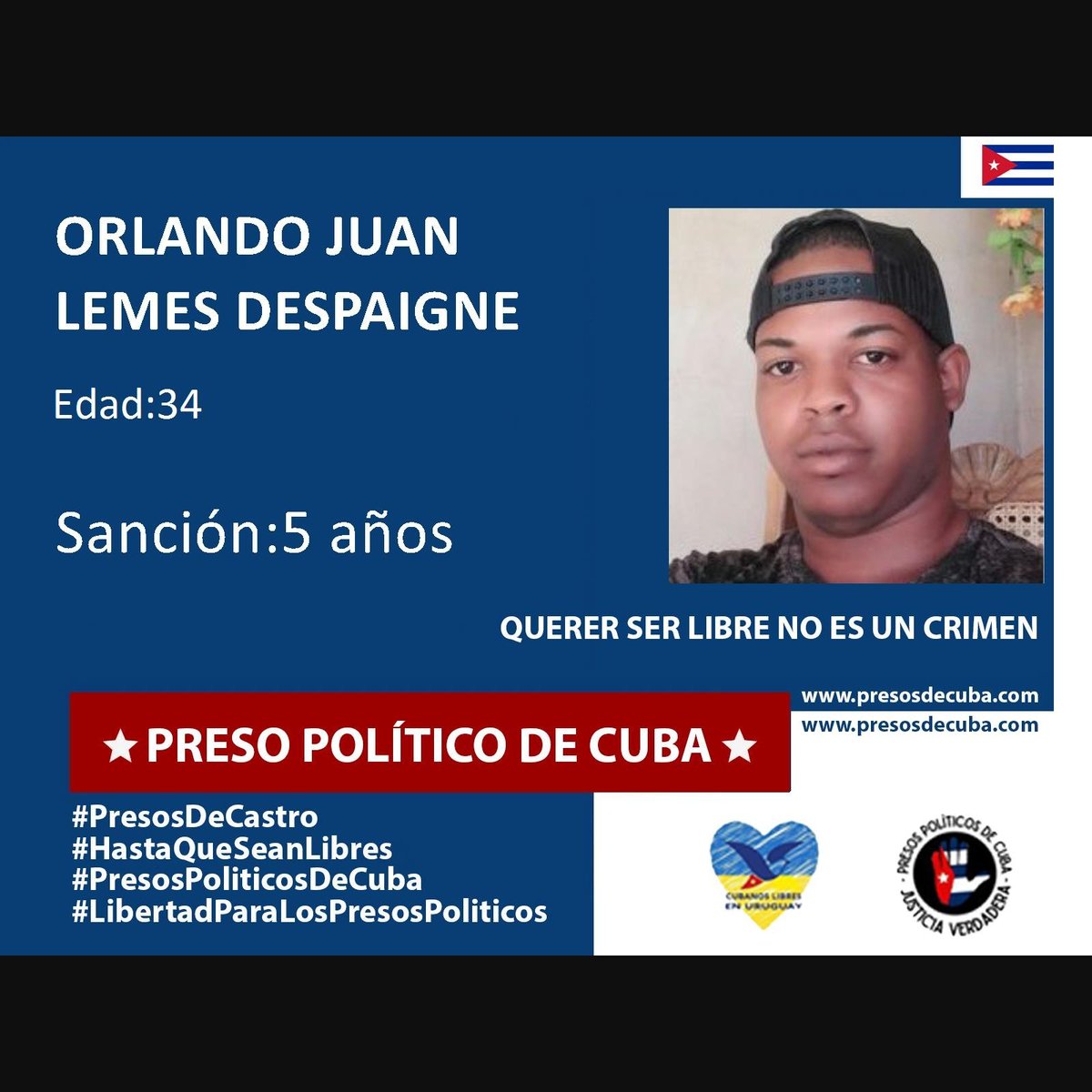 #Twittazo Libertad para Orlando Juan Lemes Despaigne. . #PresosDeCastro Encarcelados por decir la verdad. Su sacrificio es nuestro llamado a la acción. . . . #HastaQueSeanLibres #PresosPoliticosDeCuba #LibertadParaLosPresosPoliticos