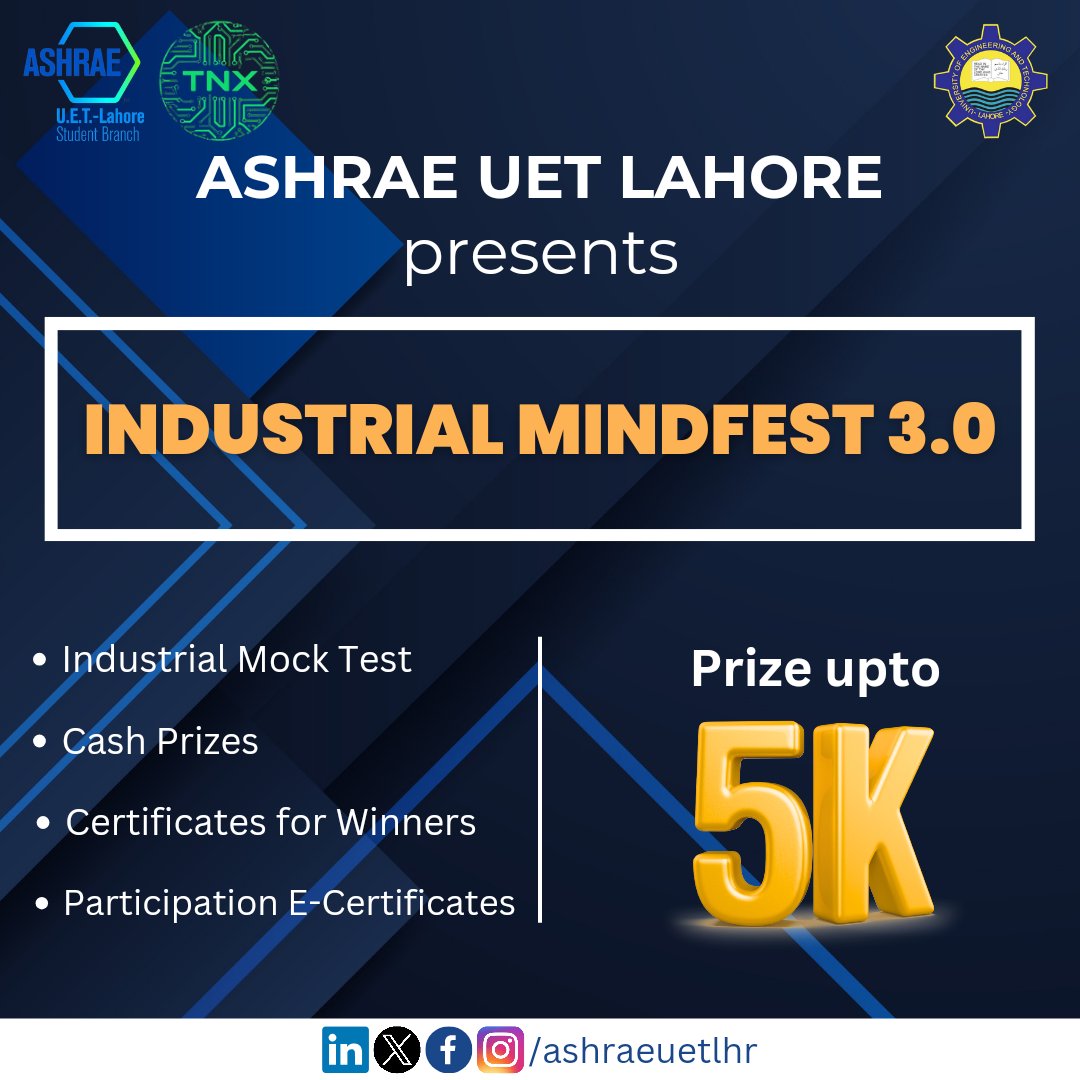 Compete at Industrial MindFest 3.0 for a chance to win cash prizes of up to 5k, along with participation certificates.

Registration Link: forms.gle/yV2vsiyiiVNQ1Z… 

#ASHRAEUETLahore #IndustrialMindFest #QuizCompetition #KnowledgeMeetsOpportunity #CashPrizes #CareerProspects