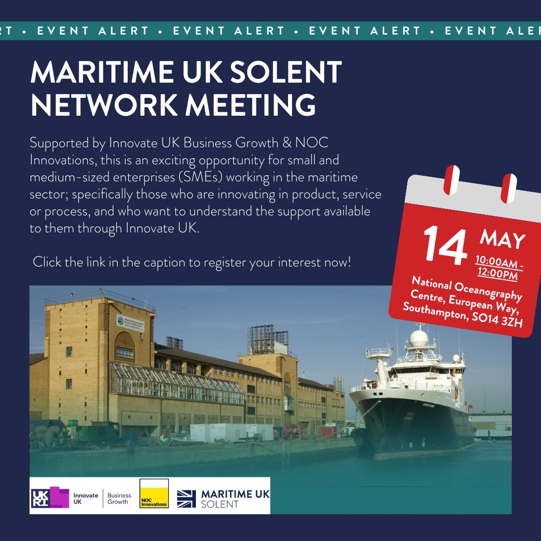 Maritime UK Solent Network meeting on May 14 at the National Oceanography Centre, Southampton. Discover the support available through Innovate UK. Register now - shorturl.at/lKQ25 #InnovateUK #maritimeuksolent #NOC @innovateuk @ecomarprop @MaritimeUK @NOCnews