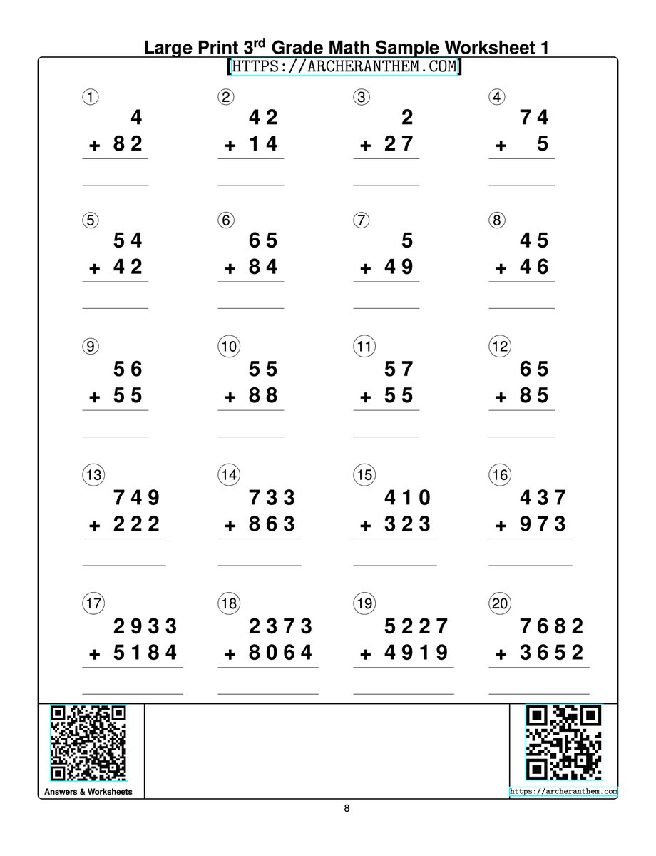Large Print 3rd Grade Math Addition Worksheet Sample [ARCHERANTHEM.COM] From double-digit to four-digit addition. Scan the QR or click the link for more samples and answer key. 
archeranthem.com/workbooks/larg…
#homeschool #math #visualimpairment #largeprint #lowvision #SightLoss