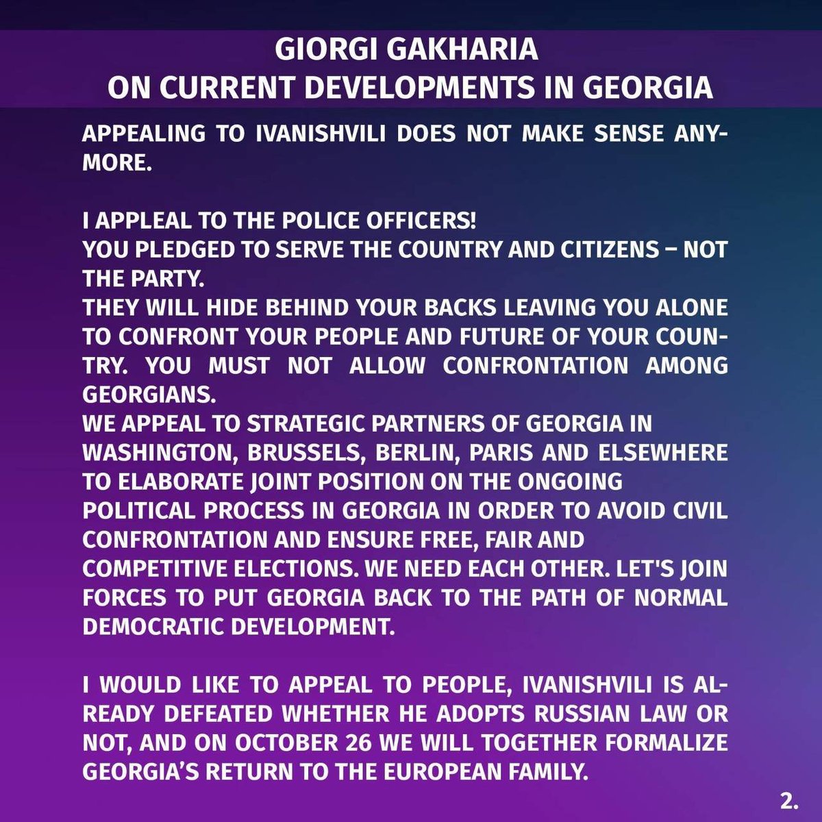 We <a href="/ForGeorgia25/">For Georgia</a> appeal to strategic partners of #Georgia🇬🇪in Washington, Brussels, Berlin, Paris &amp; elsewhere to elaborate joint position on the ongoing political process in Georgia in order to avoid civil confrontation &amp; ensure free, fair &amp; competitive #elections. We need each