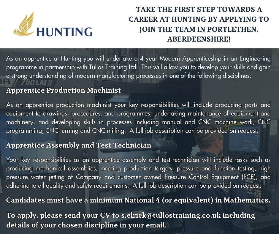 Do you enjoy #manufacturing and #production? 🔨

Kickstart your career with an #apprenticeship at Hunting!  Submit your application by 29th May 2024 to be considered! 📬

#modernapprenticeship #apprentice #engineering #machining #training #portlethen #aberdeen #aberdeenshire