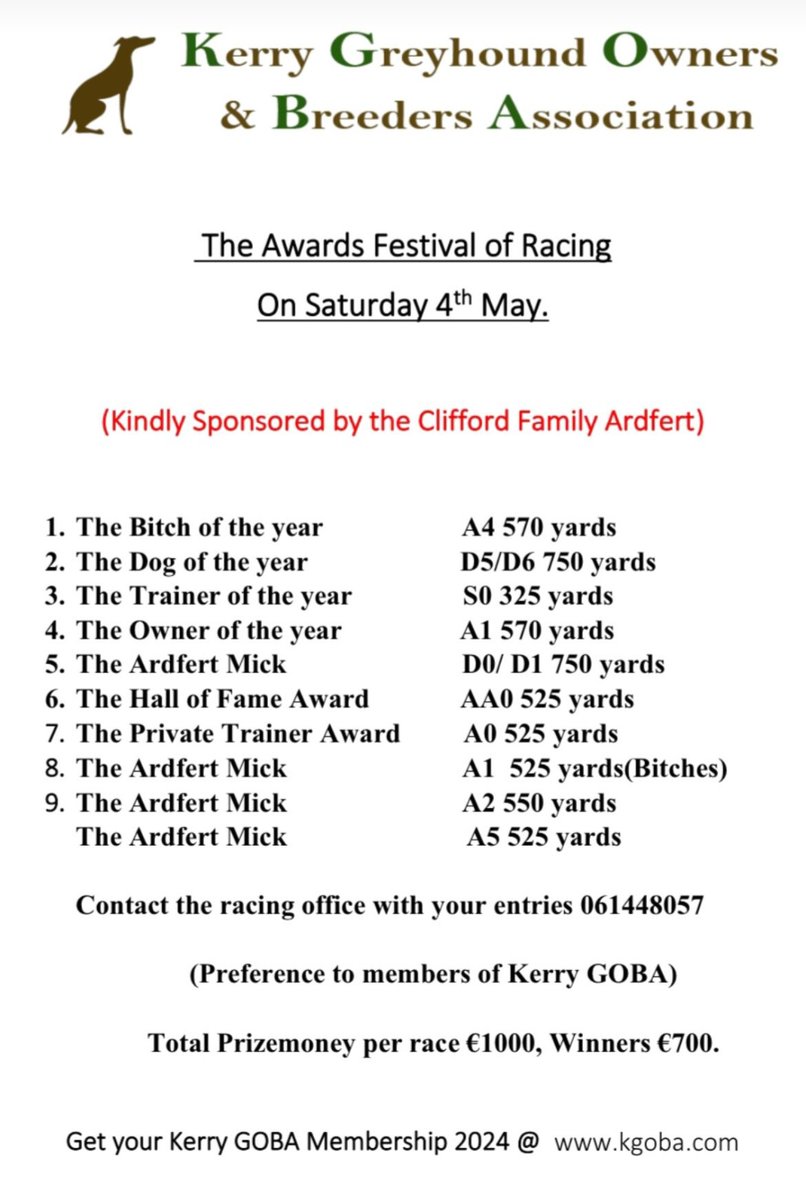 We are looking forward to the KGOBA Awards Festival of Racing this Saturday night here at Kingdom Greyhound Stadium. Kindly sponsored by the Clifford Family, Adrfert. All details listed in the picture below. We can't wait to see you here! #GoGreyhoundRacing #ThisRunsDeep