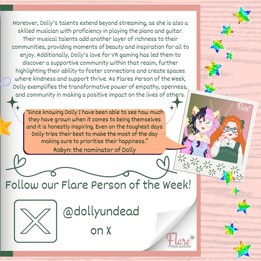 Shining the spotlight on @dollyundead our Flare person of the week! 🌟 Their unwavering kindness, compassion, and dedication to empowering our community inspire us all. Let's celebrate their remarkable spirit and continue spreading love 💖
-
#MentalHealth #ShoutOut #SupportGroup