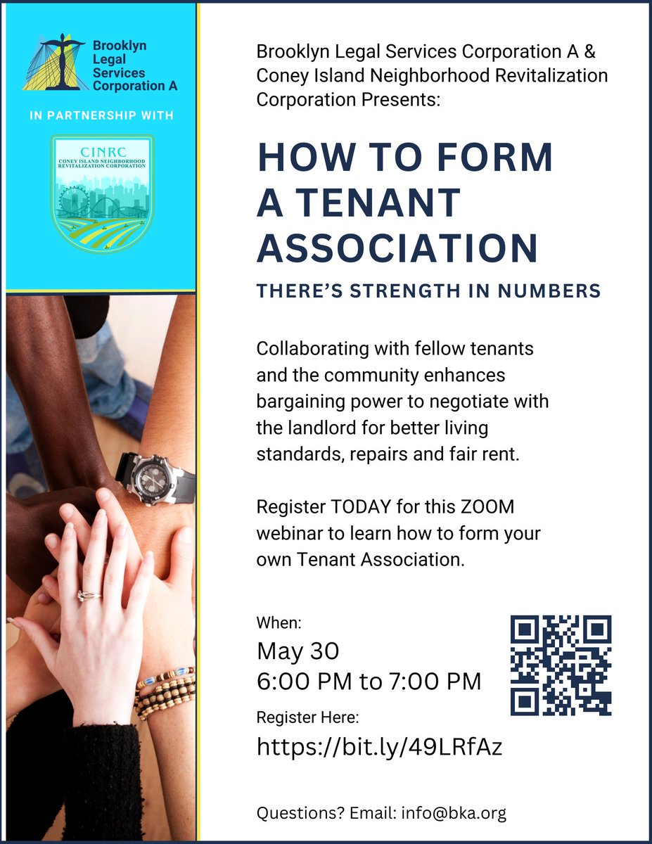 It's time to get organized! Join our 'How to Form a Tenant Association' webinar with Coney Island Neighborhood Revitalization Corporation on May 30th at 6PM. Learn to build power in your building to ensure fair treatment from your landlord. Register here: bit.ly/49LRfAz