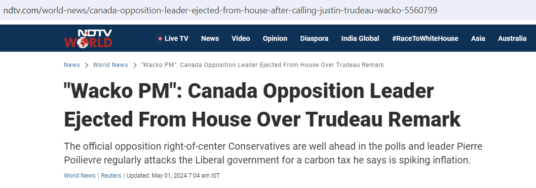 Did you know? In Canada, the leader of the opposition called Justin Trudeau a 'wacko' So the Speaker threw the leader of opposition out of the House! Imagine all the horrible things opposition has said about PM Modi But no V-Dem institute will dare call Canada as intolerant.