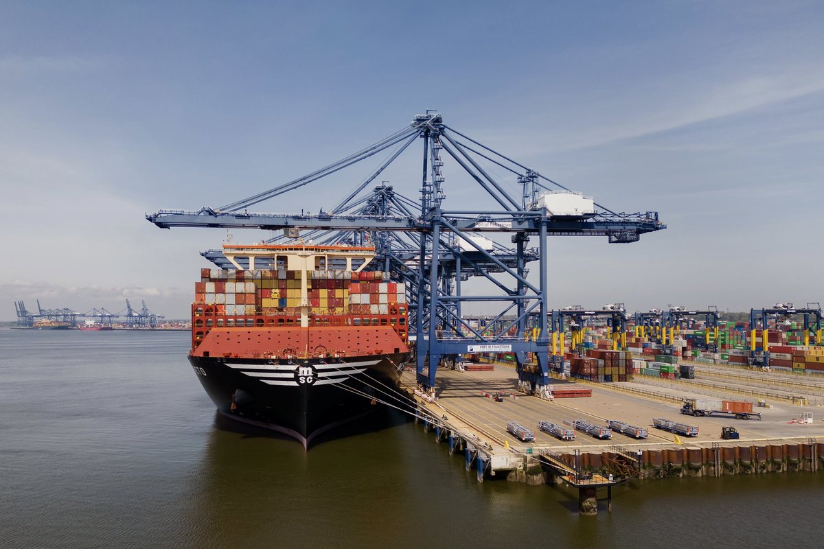 The world's largest cargo ship MSC Loreto docked at the Port of Felixstowe in Suffolk. The ship, which shares the title of world's largest with her sister vessel the MSC Irina, measures 400 metres in length and can hold more than 24,346 containers