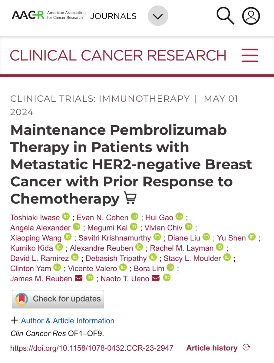 Maintenance Pembrolizumab Therapy in Patients with Metastatic HER2-negative Breast Cancer with Prior Response to Chemotherapy

@CCR_AACR #MedEd #MedX #senology #oncology #breast #cancer

doi.org/10.1158/1078-0…