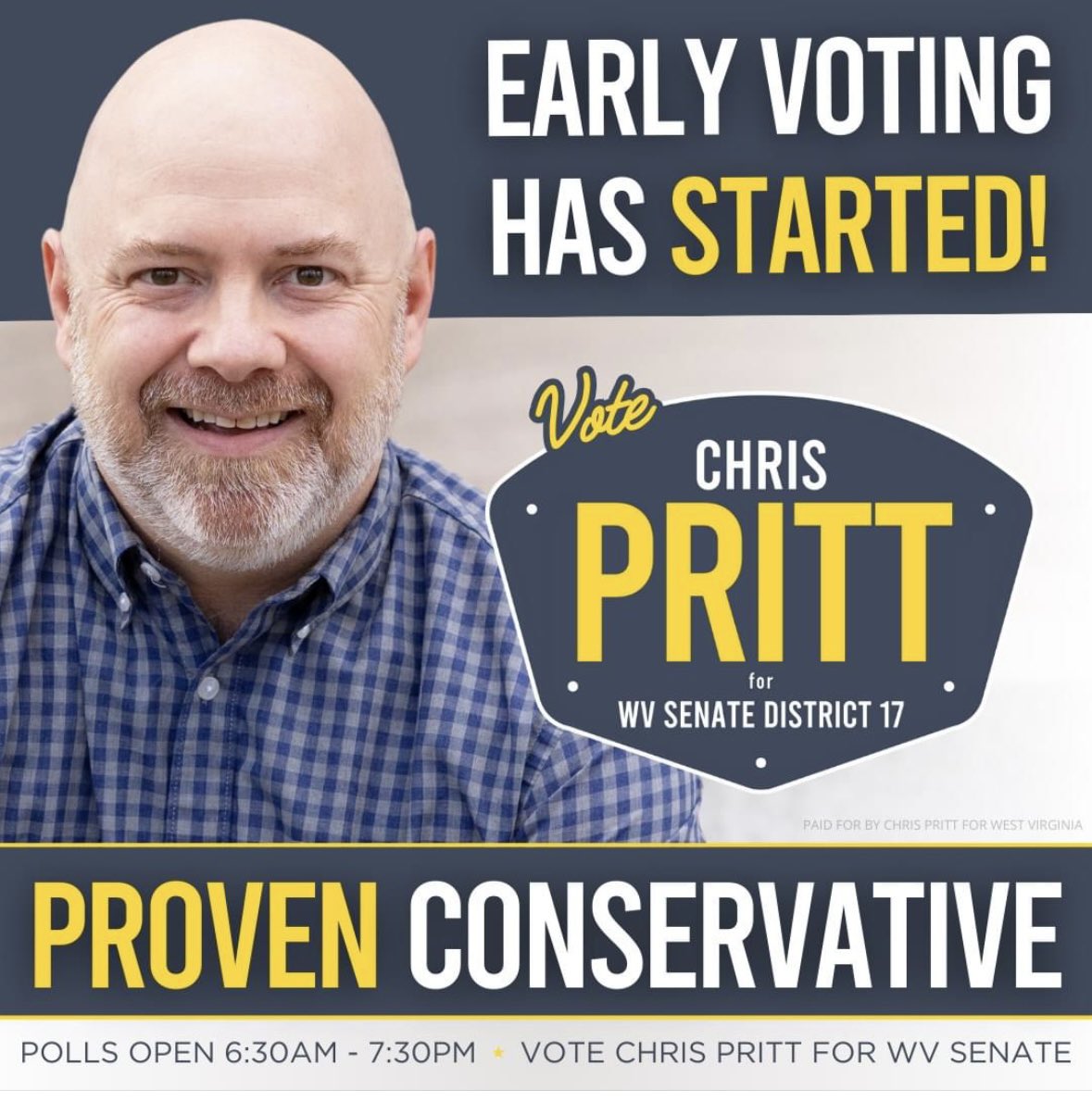 Early voting has started in West Virginia! I would appreciate your support. Let’s bring more conservative values to the West Virginia State Senate. #wvpol