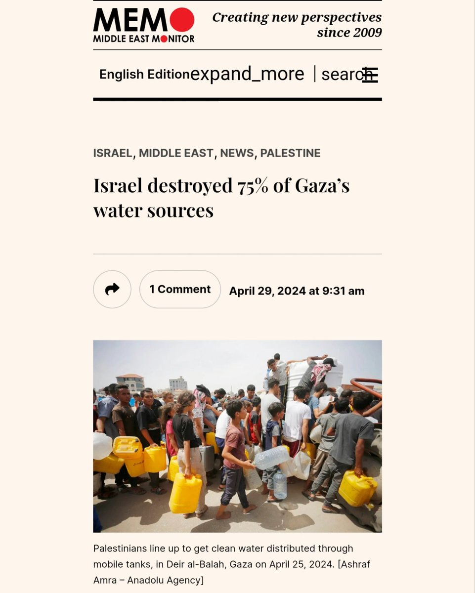 هنوز دنیا تو شوک خبرهای قبلی بستن آب روی مردم غزه بود که میدل‌ایست‌مانیتور خبر زده اسرائیل حدود ۷۵ درصد منابع آبی غزه رو نابود کرده!!

هربار که فکر می‌کنی اسرائیل و حامیانش دیگه از این حرومی‌تر نمیشن بهت ثابت می‌کنن که اشتباه می‌کردی!