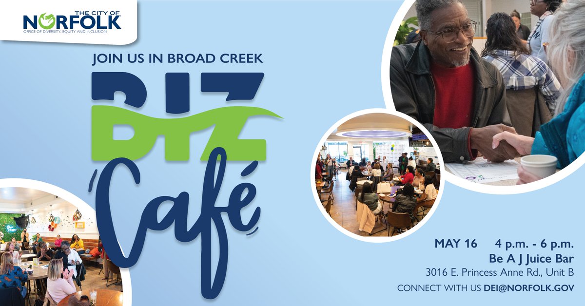 Join us for the next Biz Café hosted by Be A J Juice Bar! This event connects business owners with tools and resources while helping to strengthen personal and professional networks through community. 🗓️ May 16 ⏰ 4 - 6PM 📍 3016 E. Princess Anne Rd., Unit B 📧 DEI@norfolk.gov