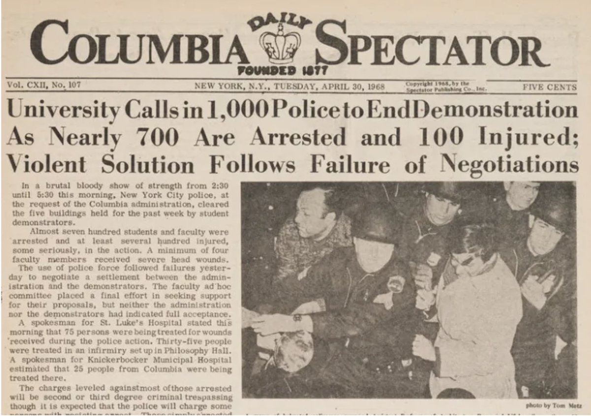 🚨BREAKING: On the exact day of the 56th anniversary of Columbia using the brutal NYPD to assault and arrest their own students, Columbia has used the brutal NYPD to assault and arrest their own students. If you don't know your history, you're doomed to repeat it.