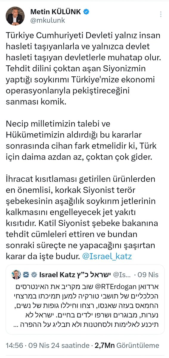 Sayın Metin Külünk'ün jet yakıtı ile ilgili açıklamalarını kamuoyuyla paylaşıyoruz: 'Değerli kardeşlerim, hayatınızın bütünü inandığınız değerler doğrultusunda verdiğiniz mücadeleyle geçsin. Sevgili kardeşlerim, İsrail Gazze’de soykırım uyguluyor ve bütün insanlığın vicdanını…