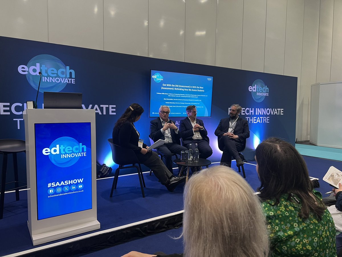 Another fascinating panel discussion at #SAASHOW. So many thought-provoking points about the purpose of assessments, the impact of AI and whether or not schools measure what they value. Lots to ponder! @grahammacaulay @mberry @AQA @SAA_Show #FanSAAStic