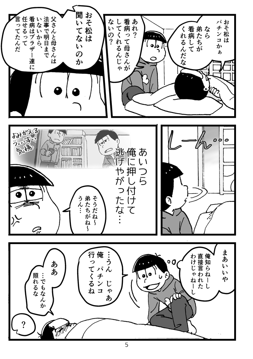 朝起きたらみんな出かけて誰もいない家と、高熱でヘロヘロながらも弟に看病されることを楽しみにしている次男がいました。さあどうする!?というお話です。おそ松事変と一言でいえばなんとなく分かる方もいらっしゃると思います。そんな感じです。よろしくお願いします! 