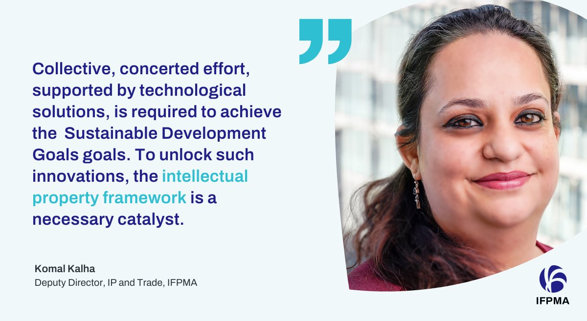 Intellectual property (#IP) rights play a dual role in helping the pharmaceutical industry achieve the #SDGs. They are: 🌟catalysts for innovation and 🤝safeguards for powerful partnerships. More in the blog by @komalkalha: ifpma.info/3Q43yB3 #IPMakesItHappen