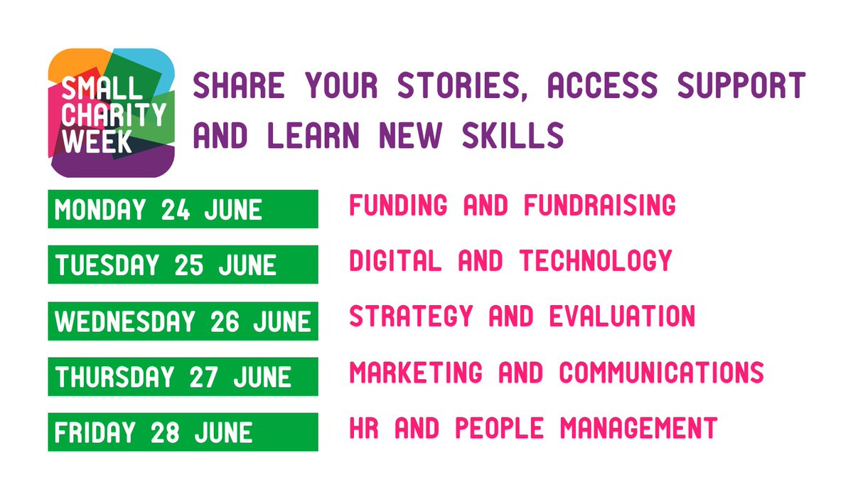 After surveying small charities to find out what topics they most wanted support with, we’re excited to announce the daily themes for #SmallCharityWeek 🎉

Mark the dates in your calendar, start planning your activities and look out for resources and event details coming soon 👀