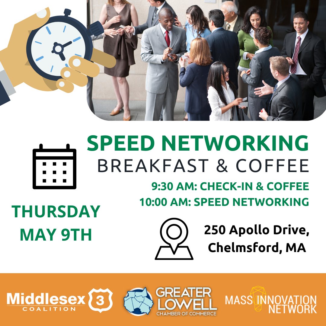 We are thrilled to partner with the Greater Lowell Chamber of Commerce and the Massachusetts Innovation Network for Speed Networking on Thursday, May 9th! Join us to network, connect, and explore collaboration opportunities. Register Now: middlesex3.com/upcoming-event…