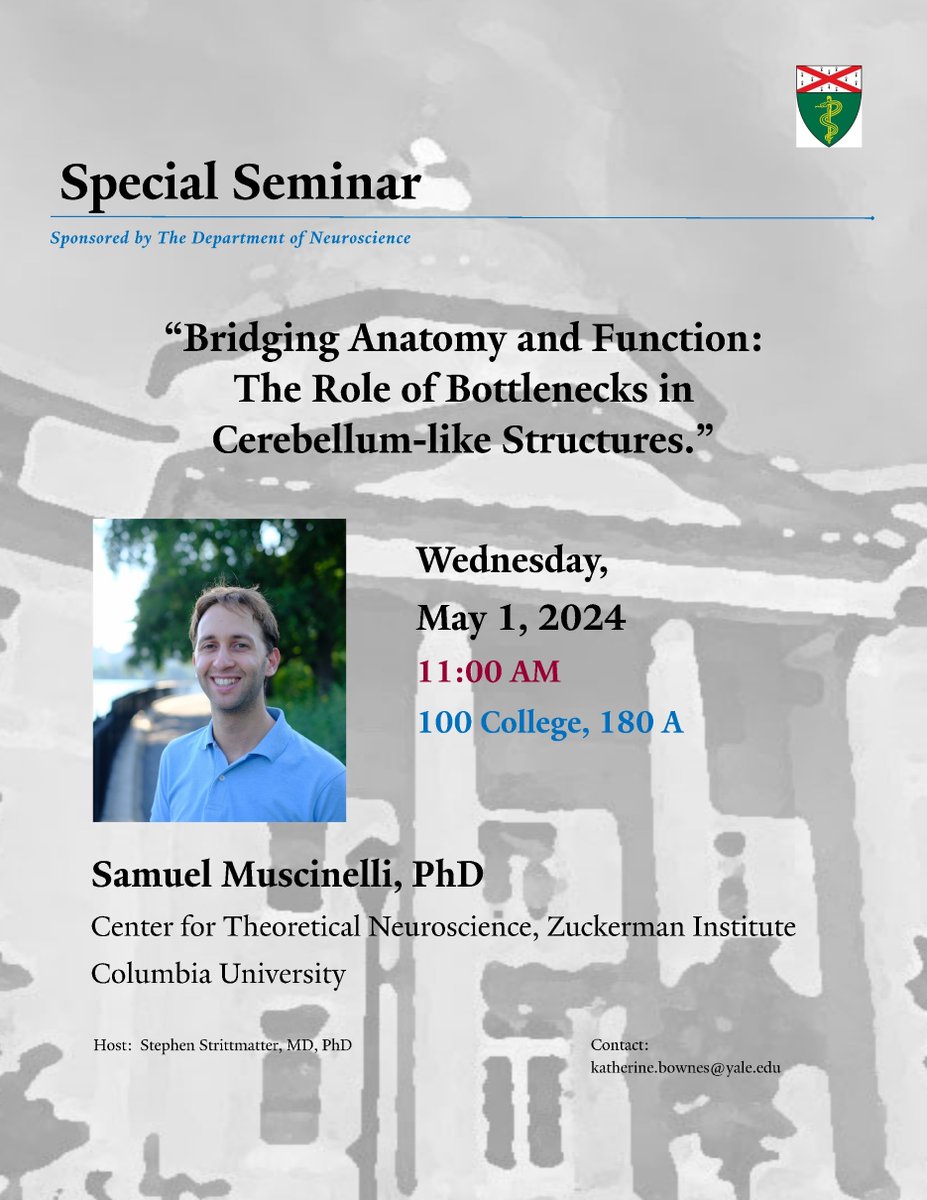 Today at 11 am 🕚, computational neuroscientist Samuel Muscinelli, PhD, (@SMusciMol) from @Columbia will be presenting a ✨special seminar✨ titled 'Bridging Anatomy and Function: The Role of Bottlenecks in Cerebellum-like structures.'🧠 We hope to see you all there!