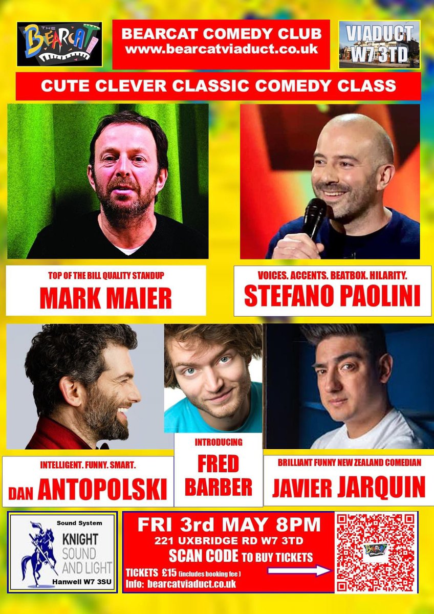 Fabulous @markgmaier @stefanompaolini @danantopolski @ThisJavier & Fred Barber Promise to excite and deliver maximum laughs THIS FRIDAY (May 3) @Viaductpub Tickets: bearcatviaduct.co.uk Seats for ALL! 🐻🐱❤️