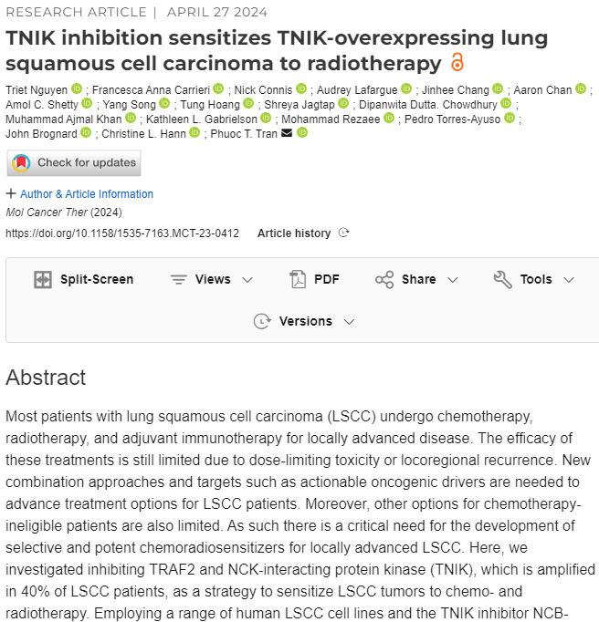 We’re happy to share our recent #publication in @AACR: “TNIK inhibition sensitizes TNIK-overexpressing lung squamous cell carcinoma to radiotherapy”

Read on: aacrjournals.org/mct/article/do…

#LungCancer #Research #CancerResearch #RadiationOncology