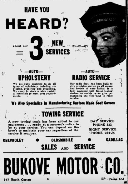 PIC OF THE DAY!
1947 advertisement announcing three new services at Bukove Motor Co.; upholstery, radio installation, and towing:
#PrescottAZHistory #PrescottAZ