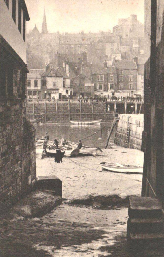 A view of Whitby, Yorkshire, England, in 1915. 
The earliest record of a permanent settlement is in 656 AD, when as Streanæshealh it was the place where Oswy, the Christian king of Northumbria, founded the first abbey, under the abbess Hilda. The Synod of Whitby was held there in