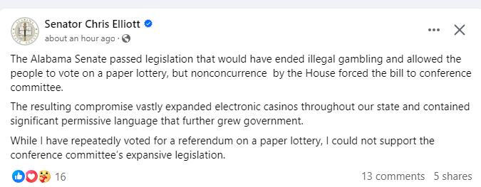 .@SenatorElliott on his 'no' vote on gambling #alpolitics