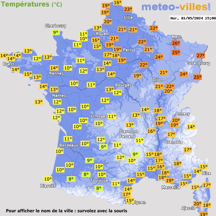 🌡️ Contraste thermique très impressionnant ce #1erMai 2024. Valeurs à 15h :

🟠 26,6°C à Strasbourg (67)
🟠 25,5°C à Colmar (68)
🟠 24,7°C à Metz (57)
🟠 23,7°C à Nancy (54)

🔵 6,6°C à Tarbes (65)
🔵 7,4°C à Pau (64)
🔵 8,9°C à Auch (32)
🔵 9,0°C à Gourdon (46)