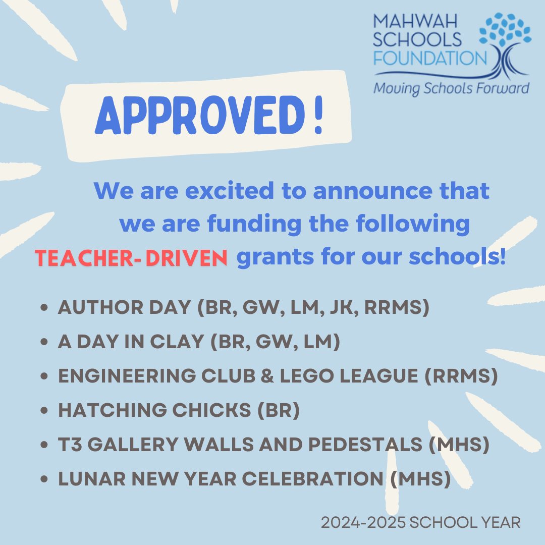 This year, we approved $31,000+ in teacher-driven grants across all 6 schools! Made possible by your generous support of our events - Mahwah Thunderbird Run, Gala & Split the Pot Raffle! There's still time to purchase a $10 ticket or two. 😉bit.ly/MSFSpringFling… #thankyou