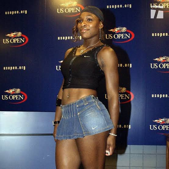 Serena Williams at the 2004 US open wearing a Nike studded top and a Nike denim skirt. Iconic and so y2k!