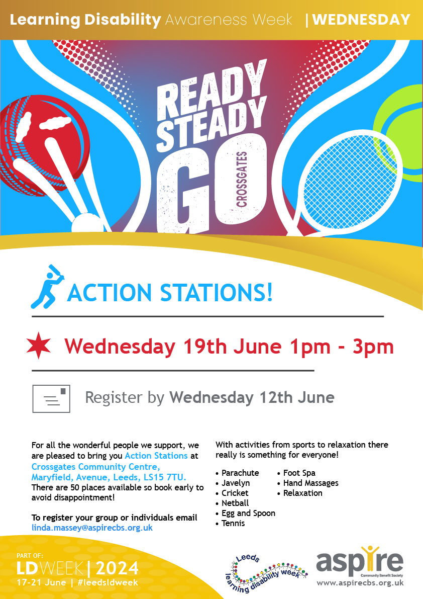 🏃‍♀️ACTION STATIONS!👨‍🦽 Have you registered for our sports & relaxation event? (Unfortunately due to venue capacity we are only able to offer this event internally) ⏰WHEN: Weds 19th June 📍WHERE: Crossgates Community Centre Register with linda.massey@aspirecbs.org.uk by 12/06/24