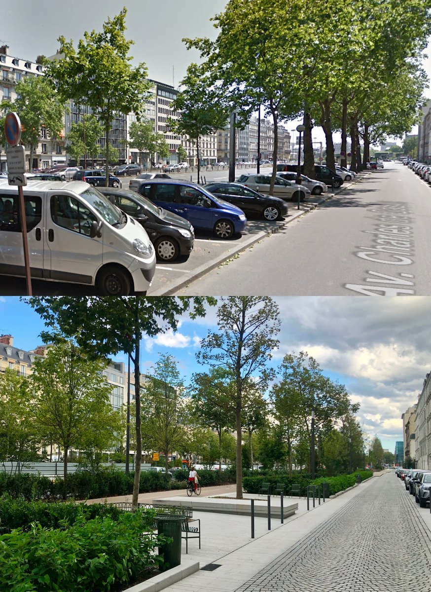 'Fantastique' : Un avant/après validé par 'saccageparis' alors que d'habitude, ils critiquent le retrait du parking et la coupe des arbres anciens, comme quoi c'est possible :) [ou alors, quand on est dans une ville de droite, les repères changent ;)]