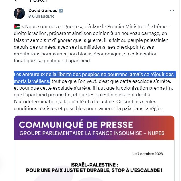 Puisque Rima Hassan revient sur ce post du 7 octobre, notons sa condamnation se résumant à 'ne pas se réjouir de la mort', en employant étrangement les mêmes mots que son ami Guiraud. 1 mois après, ils partaient à Tunis pour leur funeste conférence restée dan les mémoires.